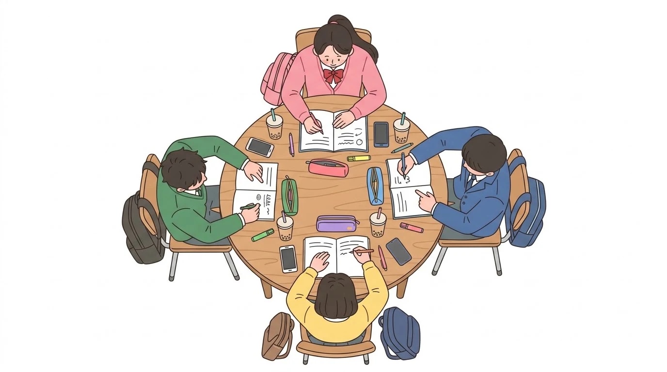 네 명의 학생이 원탁에 둘러앉아 회의하는 그림